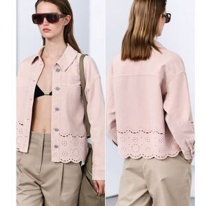 Zara NEW Blush Pink Embroidered Eyelet Overshirt Denim Jacket SZ Medium Coquette
